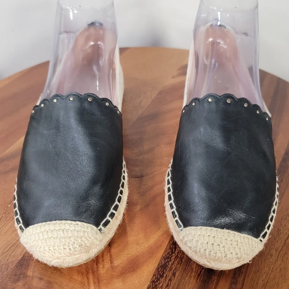 Kate Spade Gardenia Black Leather and Cream Espadrilles Size 8 Scalloped Summer